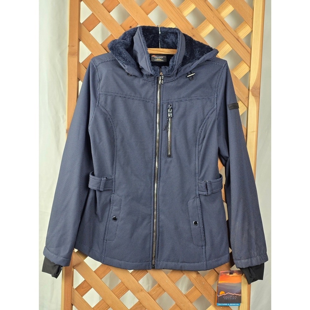 Halifax Traders Softshell Hooded Jacket Womens Medium‎ Navy Polka Dot -New